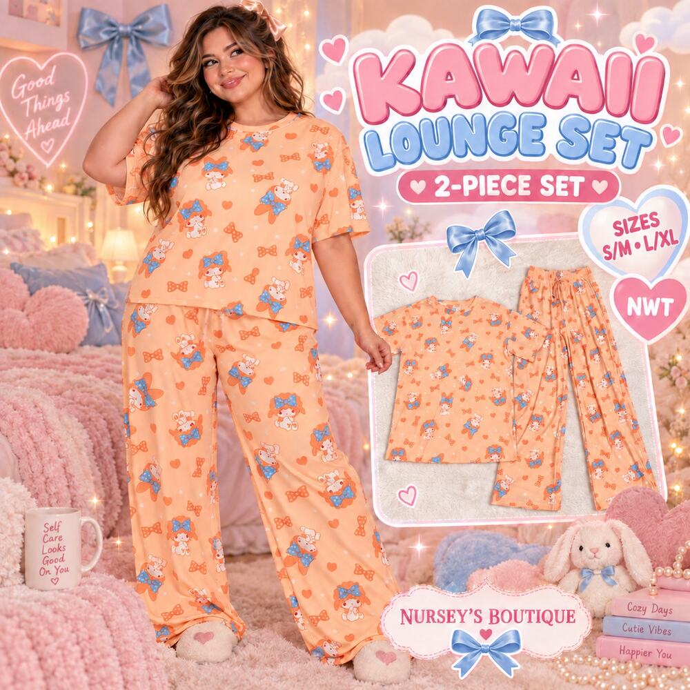 Kawaii Bunny Peach Pajama Lounge Set L XL Wide Leg Pants NWT